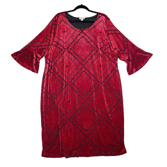 Catherines Velvet Burnout Midi Dress 3X Red Black Bell Sleeve Whimsigoth Witchy - Picture 1 of 7